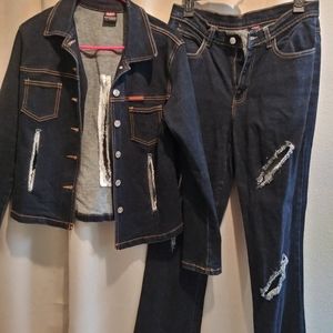 NAVI JEANS DARK WASH DESTRESED DENIM JACKET AND JEANS SET. BLUE SIZE L. Bootcut